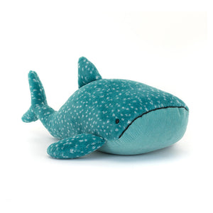 Front-facing view of Jellycat Gobfrey Whale Shark soft toy – A teal blue plush whale shark with white spots and a cream cordy belly, smiling with stitched black eyes.