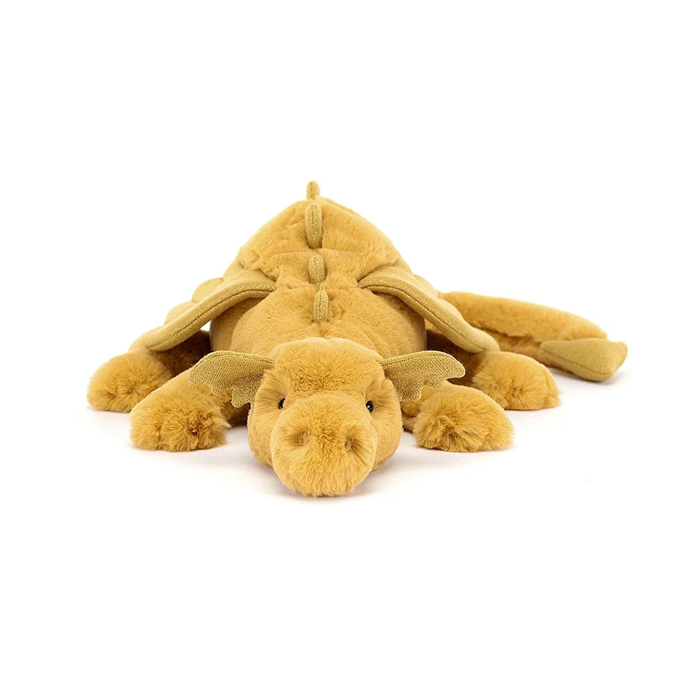 Jellycat Golden Dragon, with ochre fur, embroidered nostrils and  a glittery jersey spine, ears and wings. 
