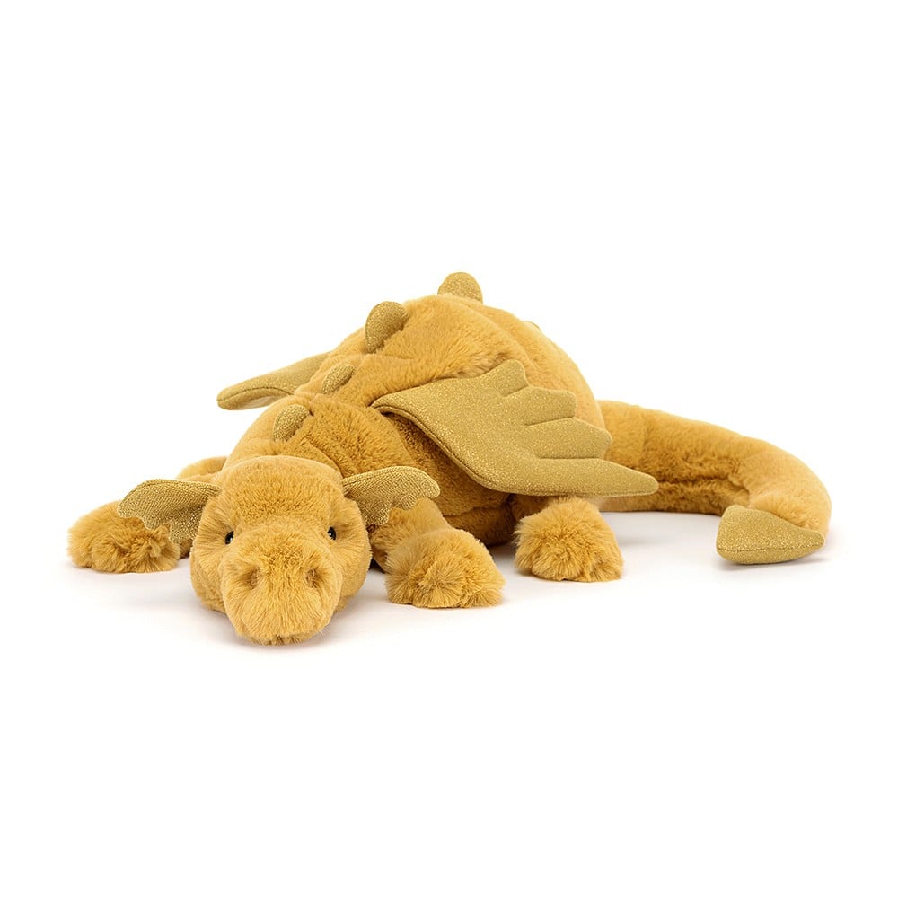 Jellycat Golden Dragon, with ochre fur and a glittery jersey spine, ears and wings.