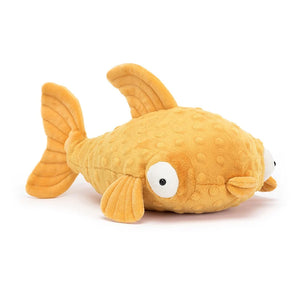 Front: A super soft and cuddly Jellycat Gracie Grouper Fish with bright, squishy lips, a cheeky grin, and oversized, sunshine-yellow fins. Her golden yellow fur is dotted with a playful texture.