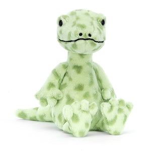 Front: A super soft and cuddly Jellycat Gunner Gecko with a wide grin, embroidered eyes, and dappled mint green and olive fur. His webbed hands and feet hint at his adventurous spirit.