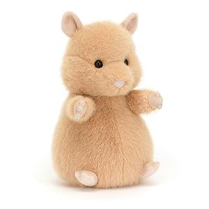 Angled View: Looking for a pocket-sized pal? The Jellycat Hank Hamster tilts forward, showing its fuzzy apricot fur with gentle folds. Soft stitch claws, an embroidered nose, and chubby cheeks peek out from beneath velvety ears. This huggable hamster is ready for on-the-go adventures!