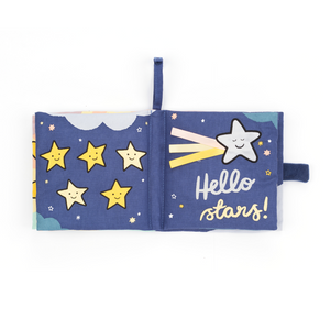  Explore the night sky with the Jellycat Hello Moon Fabric Book! This 18cm x 18cm Jellycat book features crinkle pages, applique textures, a mirror, and a stroller loop.