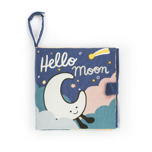 Say hello to sweet dreams! The Jellycat Hello Moon Fabric Book, an 18cm x 18cm interactive book by Jellycat, features Amuseables Moon with colorful illustrations, crinkle pages, and a surprise mirror.