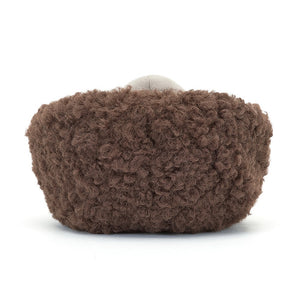 Back View: Jellycat Hibernating Mole displayed from behind, showcasing the plush cocoa bed.
