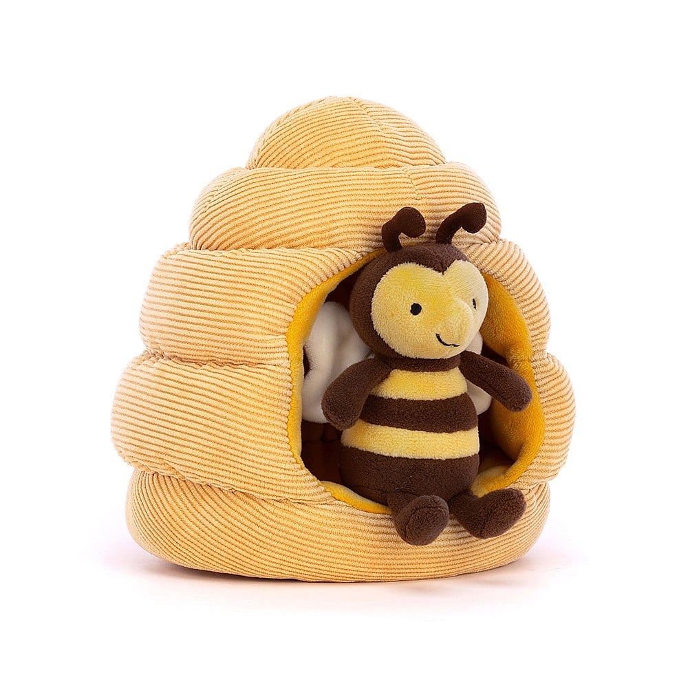 Every angle melts hearts! Check out Jellycat Honeyhome Bee's smile, soft fur, & adorable hive. A bee-tastic Jellycat friend!