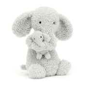 Jellycat Huddles Grey Elephant plush toy sitting upright, featuring a soft grey parent elephant holding a tiny baby elephant in a warm embrace.
