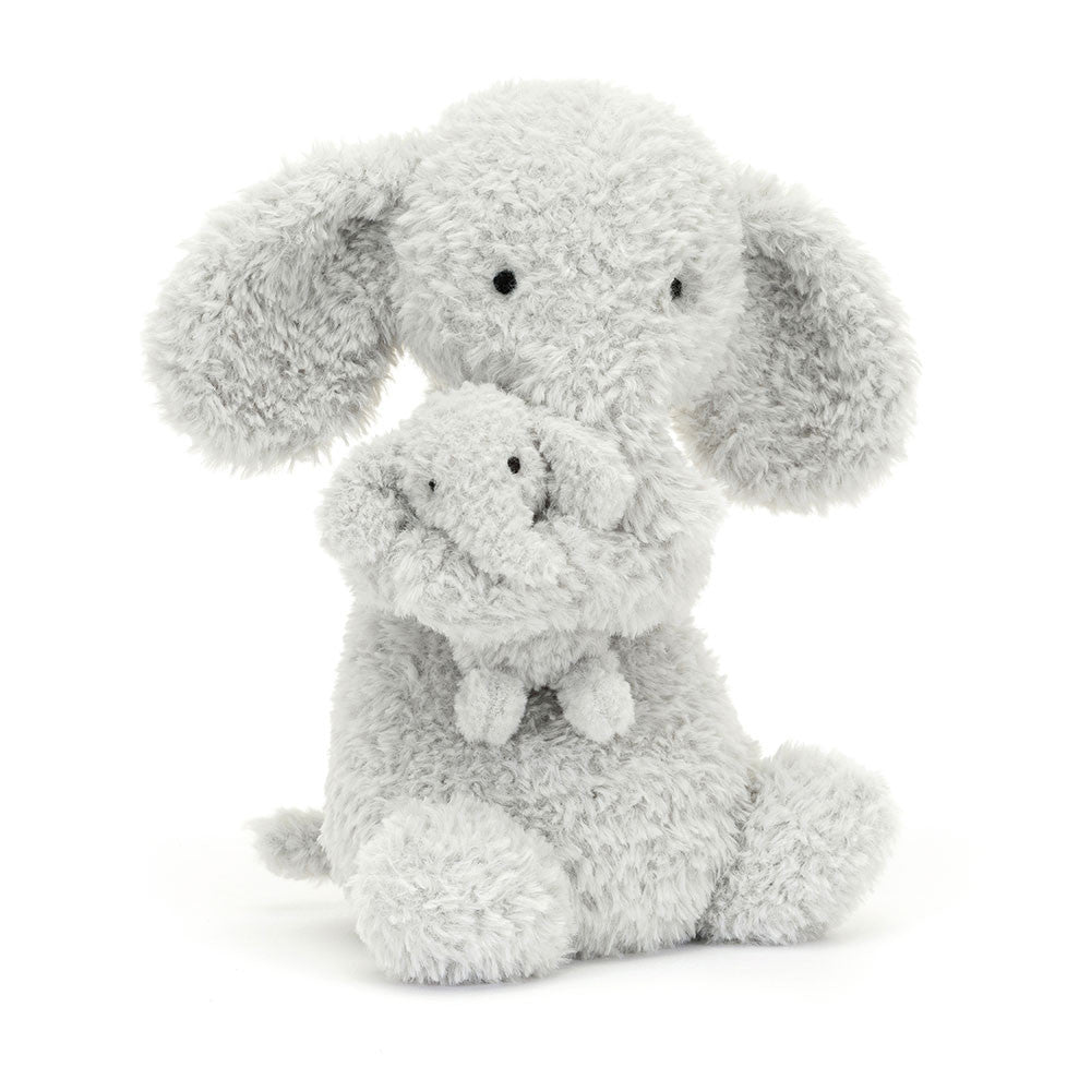 Jellycat Huddles Grey Elephant plush toy sitting upright, featuring a soft grey parent elephant holding a tiny baby elephant in a warm embrace.