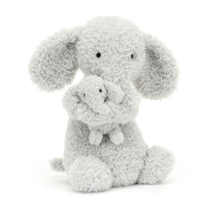 Jellycat Huddles Grey Elephant plush toy sitting upright, featuring a soft grey parent elephant holding a tiny baby elephant in a warm embrace.