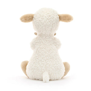 Rear view of Jellycat Huddles Sheep, highlighting the soft curve of its back and cuddly tail.