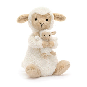 Jellycat Huddles Sheep, a soft cream sheep holding its baby lamb, viewed at a slight angle.