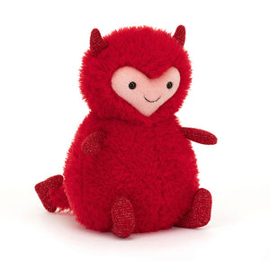 Angled View: Jellycat Hugg McSnugg, a red fur love monster with a heart-shaped face and glittery accents.