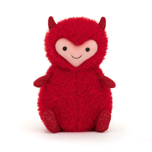 Front View: Jellycat Hugg McSnugg, a soft red plush toy with glittery accents and a little pink heart face.