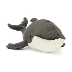 A plush Jellycat Humphrey the Humpback Whale in a soft grey colour with a cream corduroy belly, shown from a front-facing angle with detailed stitched features and flippers spread wide.