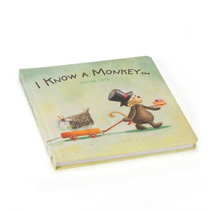 Angled View:  Storytime fun awaits! The Jellycat I Know A Monkey Book features a bright, eye-catching cover with the title and a quirky monkey illustration.