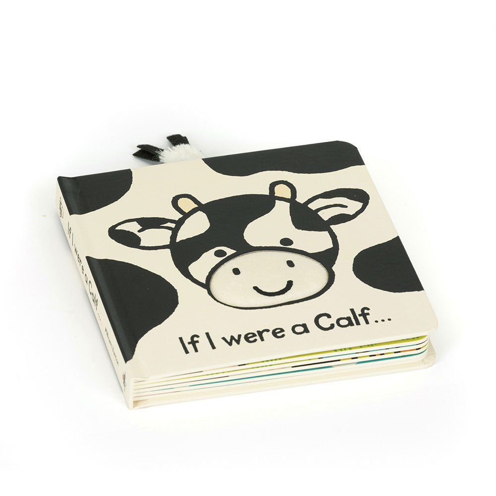 Jellycat If I Were a Calf board book, displayed at a slight angle, showcasing the tactile cover and chunky board book format, inviting little hands to explore.