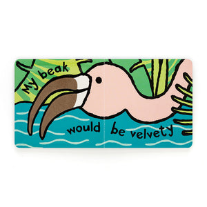 Open view of Jellycat If I Were A Flamingo Board Book (15cm x 15cm), showcasing a colourful illustration of a flamingo and a playful, rhyming prompt to spark flamingo-themed imagination.