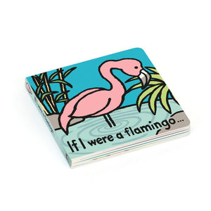 Jellycat If I Were A Flamingo Board Book tilted slightly, showcasing its colourful cover featuring a playful flamingo.