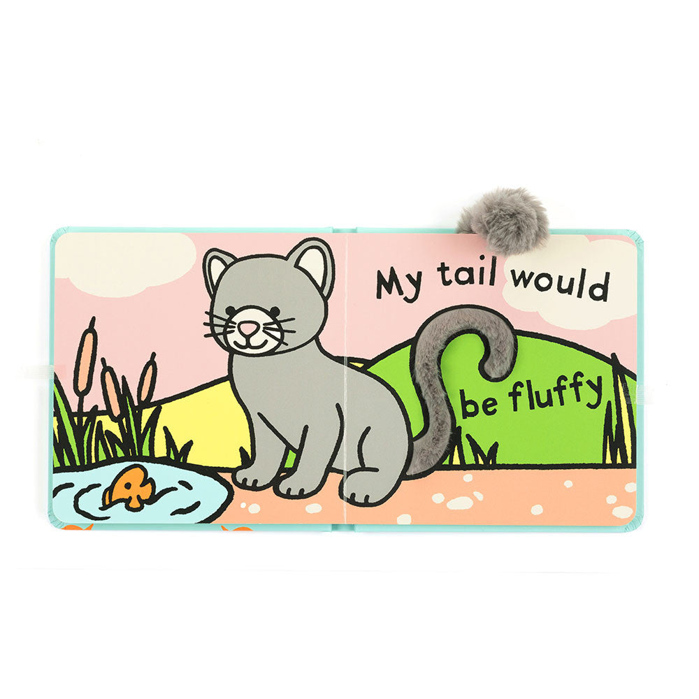 Inside page of If I Were a Kitten book showing a grey kitten with a fluffy tail and the text “My tail would be fluffy”.