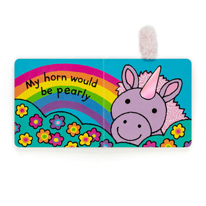 Jellycat If I Were A Unicorn Board Book open, vivid coloured flowers, a rainbow and a unicorns head, with an engaging prompt.