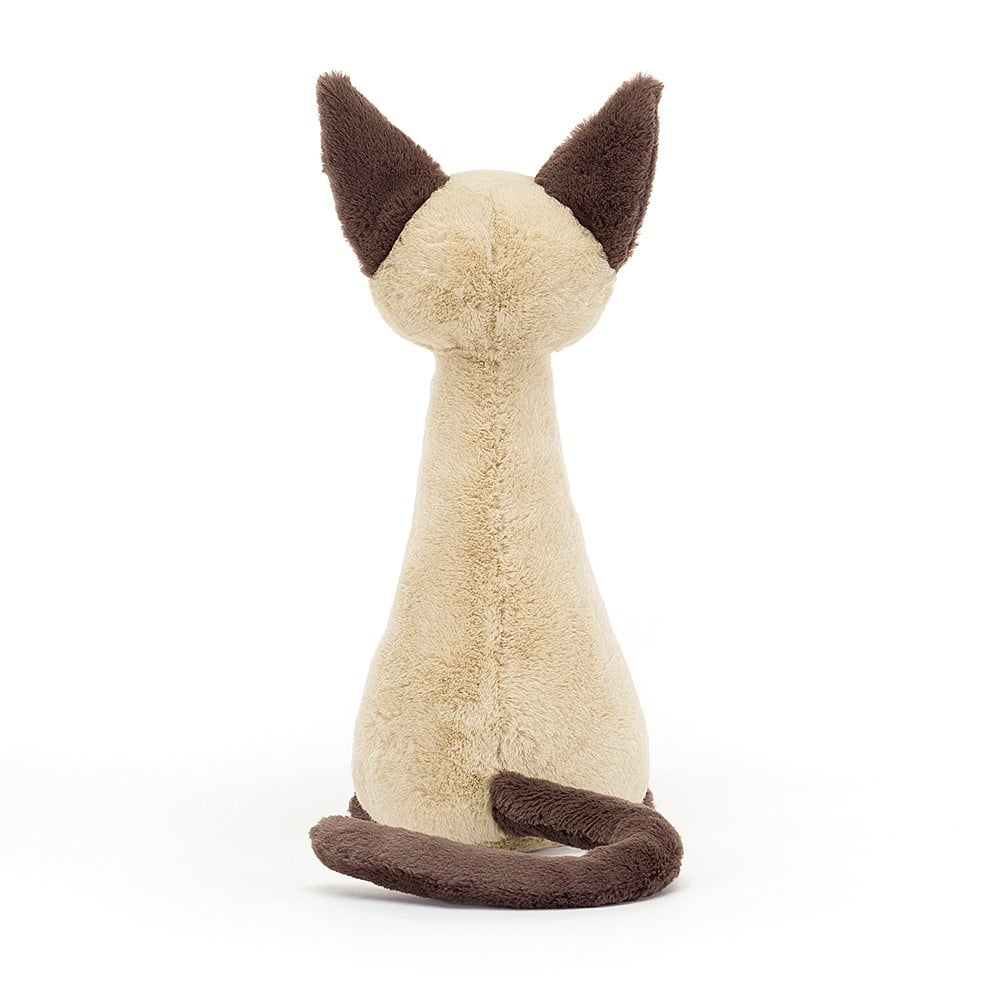Siamese beauty unleashed: From behind, Jellycat Iris Siamese Cat exudes elegance with her soft fur, long tail, & contrasting socks. Endless fun & cuddles await!