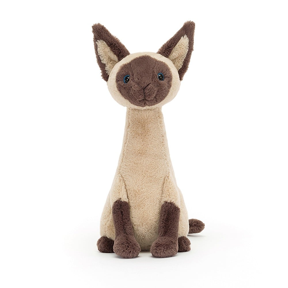 Super-soft Siamese snuggles: This frontal view of Jellycat Iris Siamese Cat highlights her captivating gaze, elegant pose, & luxurious fur.