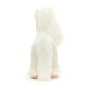 Back View: Jellycat Isadora Unicorn displayed from behind, showcasing the flowing mane and tail in all their glory. The blush suedette hooves hint at adventures in enchanted forests.