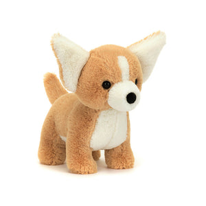 Angled View: Tiny but mighty! The Jellycat Isobel Chihuahua sits tilted, showcasing her soft honey fur with bold vanilla patches, perked-up ears. This feisty pup is ready for adventure!