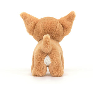 Back View: Backside of the Jellycat Isobel Chihuahua showcases the soft honey fur and a cute, perky tail. This playful pup adds a touch of canine charm to any playtime adventure!