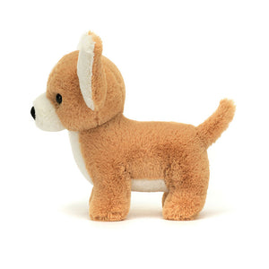 Side View: Side profile of the playful Jellycat Isobel Chihuahua. Highlights the compact size (perfect for little hands!), the luxuriously soft texture, and the adorable details like the contrasting patches and perky ears. A tiny friend for big adventures!