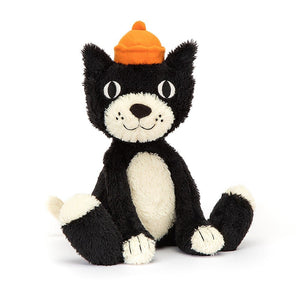 Jellycat Jack has super soft black and white fur, big eyes and stitched mouth and paws, wearing his iconic orange crown.