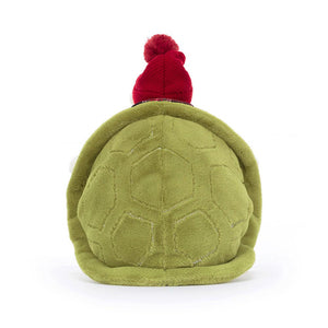 Behind: Back view of Jellycat Snowman Timmy Turtle plush toy, showcasing his stitched detailed shell and knitted hat.