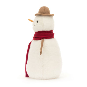 Jellycat Jesse Snowman in profile, highlighting his long scarf and cord stick arms.