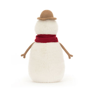 Jellycat Jesse Snowman from behind, showcasing his fluffy fur and weighted base.