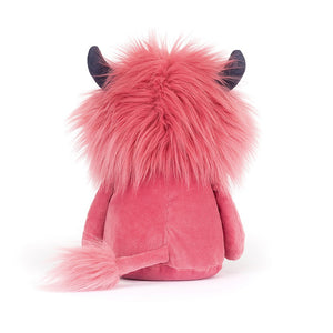 Back: Don't be scared! Jinx the Jellycat Monster is all fun and cuddles. This playful plush features a pink body, fluffy mane, and a cute tassel tail – perfect for monster hugs!