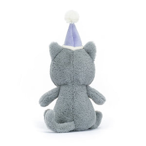 The back of the adorable Jellycat Jollipop Cat showcases its bluey-grey fur, perky tail, and a glimpse of its very fancy hat with a pompom. 