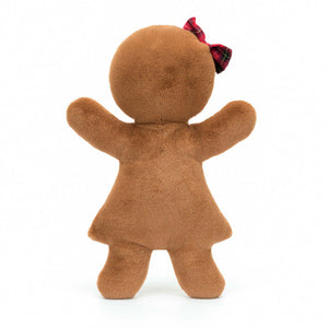 Behind: Cuddly Jellycat Jolly Gingerbread plush (back view): Gingerbread cookie plush with red tartan bow.