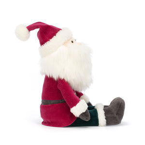 Side: Soft Jellycat Jolly Santa plush (side view): Santa with red coat, white beard, green trousers & bobble hat.