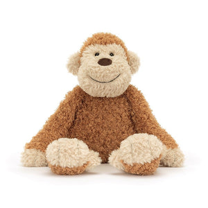 Jellycat Junglie Monkey with fluffy brown and cream fur, a cheeky grin, long arms in a sitting position.