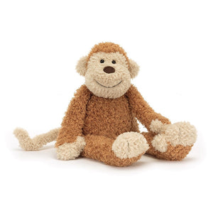 Jellycat Junglie Monkey with fluffy brown and cream fur, a cheeky grin, long arms and tail in a sitting position.