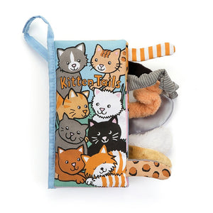 Front View: Jellycat Kitten Tails Activity Book laid flat, showcasing vibrant cat illustrations with diverse patterned tails. Peek inside the soft fabric pages to discover crinkly textures waiting to be explored .