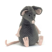 Angled View: Looking for a hug? The Jellycat Lachlan Sad Rat sits tilted, showcasing its soft blue-grey fur, chunky pink snout, floppy ears, and waggly arms. A cuddly companion in need of a friend!