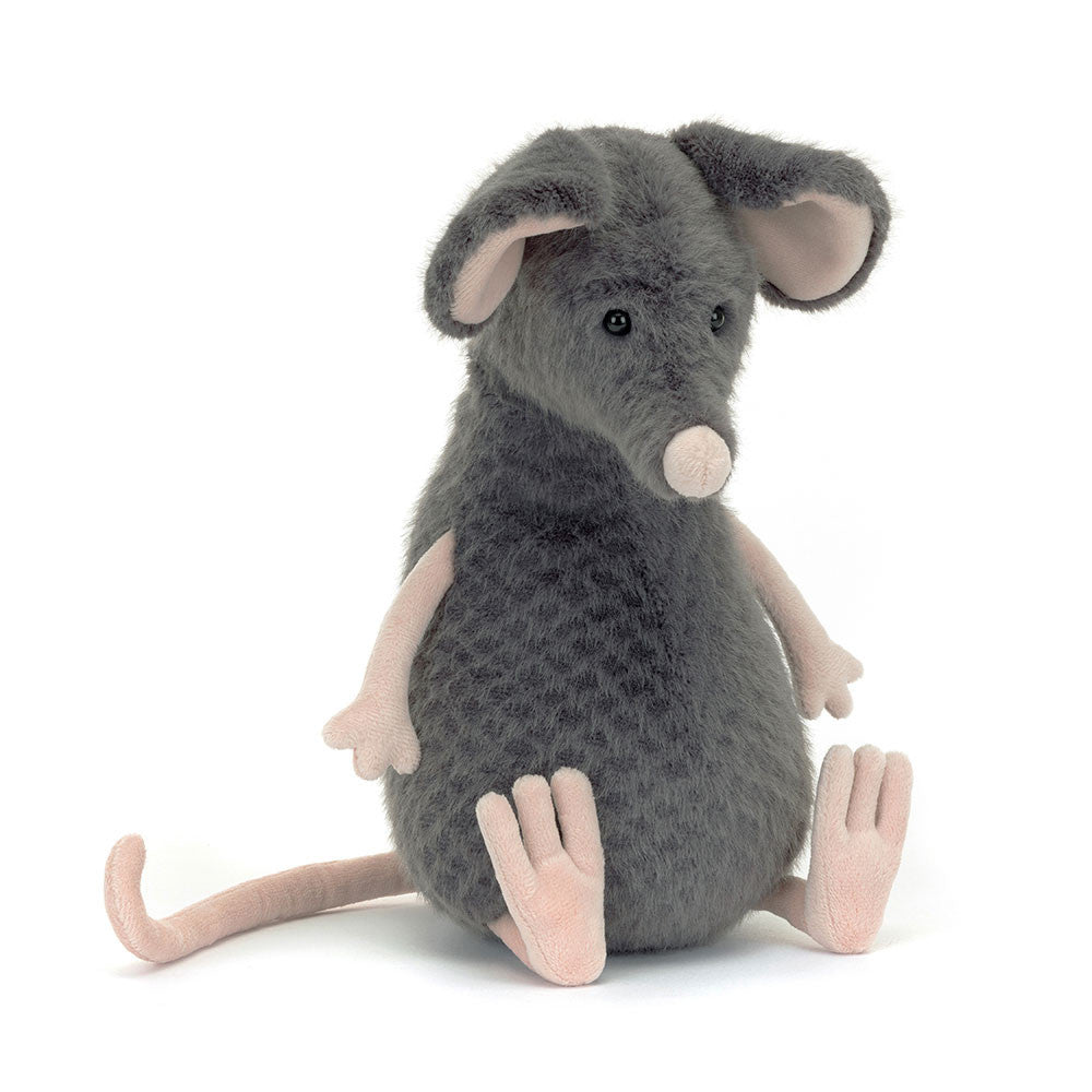 Angled View: Looking for a hug? The Jellycat Lachlan Sad Rat sits tilted, showcasing its soft blue-grey fur, chunky pink snout, floppy ears, and waggly arms. A cuddly companion in need of a friend!