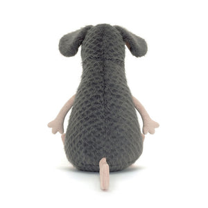 Back View: Backside of the Jellycat Lachlan Sad Rat showcases the soft blue-grey fur and the cute pink, waggly tail. 