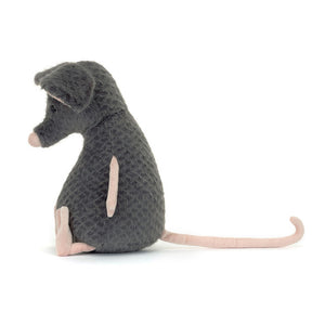 Side View: Side profile of the huggable Jellycat Lachlan Sad Rat. Highlights the compact size (suitable from 36 months+), the round, huggable body with soft fur, and the droopy ears that add to its endearingly sad expression. 