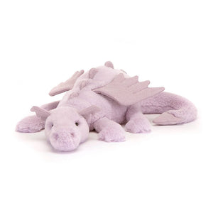 Front: A cuddly lavender Jellycat dragon with sparkly silver wings and ears, rosy cheeks, and a gentle smile. Perfect for bedtime snuggles or fantastical adventures!