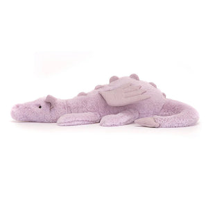 Side: Crafted from super soft plush, the Jellycat Lavender Dragon is a dream come true! This whimsical dragon features mesmerizing lavender fur, sparkly accents, and a long, cuddly tail.