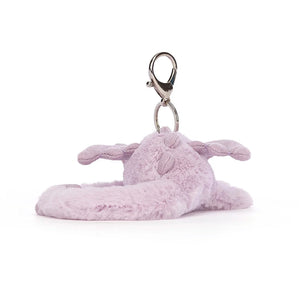 A rear view of the Jellycat Lavender Bag Charm showing a long tail.