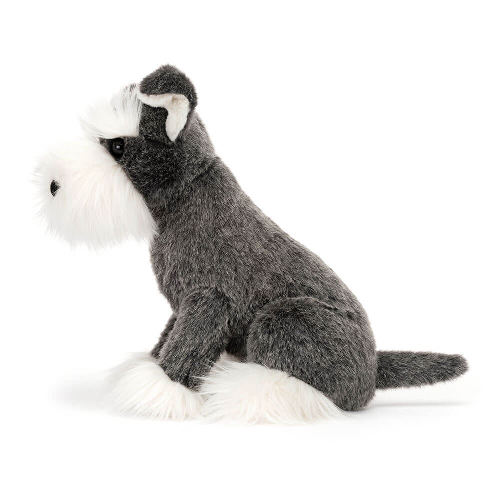 Side view of Jellycat Lawrence Schnauzer showing its fluffy beard and realistic schnauzer profile.