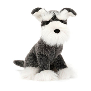 Front view of Jellycat Lawrence Schnauzer plush toy with floppy ears and soft fur.